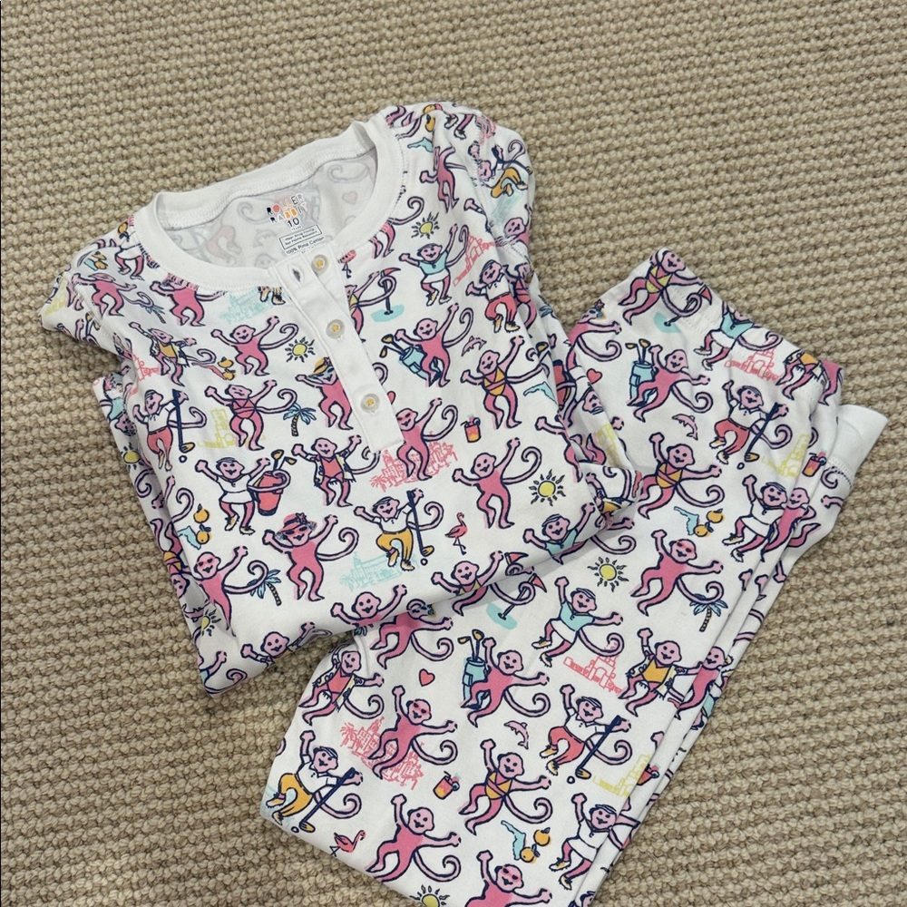 Roller Rabbit Kids Pajama Set in White with Pink, Blue, Yellow Monkey Print